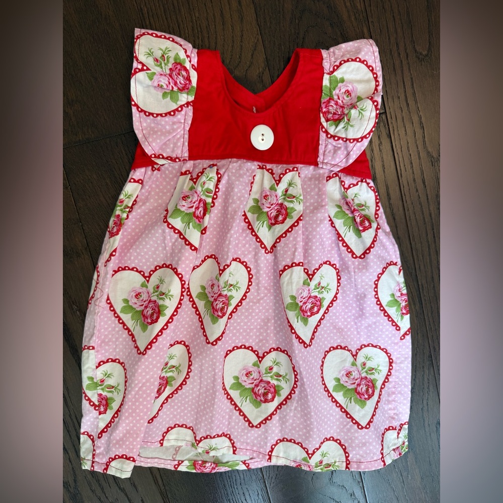 Baby Girls Handmade Smock Heart Dress Short Sleeve‎ Ruffle Floral Pink Red EUC